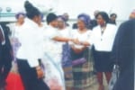 Wife of the Vice President, Mrs Dame Patience Jonathan (2nd leftt) in a handshake with some dignataries  while wife of Rivers State Governor, Lady Judith Amaechi,  watches at the Port Harcourt Airport, recently. Photo: Ike Wigodo.