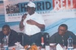 Executive Director, Union Bank Plc, Mr. Isuwa Dogo (standing) addressing the customer forum on Hybrid Reit in Banking System organised by Union Homes while Chief Austine Nwankpa (left) and a representative of the Rivers State Government listen, in Port Harcourt, recently. Photo: Nwiueh Donatus Ken