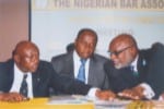 Rivers State Governor, Rt, Hon. Chibuike Amaechi (middle) watches as his Attorney-General and Justice Commissioner, Barr Ken Chikere, (left)  exchanges views with the President of Nigeria Bar Association, Oluwarotimi Akeredolu, during the Association’s National Executive Council meeting in Port Harcourt, last week.