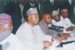 Babatunde Fashola of Lagos State (1st left) Alhaji Bukola Saraki of Kwara State (2nd right), Chief Ikedi Ohakim of Imo State (middle) and Alhaji Babangida Aliyu, during a governors meeting at Transcorp Hilton Abuja.