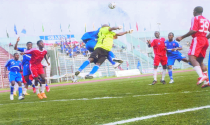 Sharks goalkeeper contesting for ariel ball during a league match at the Liberation Stadium  