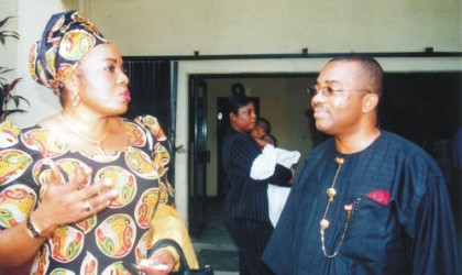 General Manager, Rivers State Newspaper Corporation, Mr Celestine Ogolo (right) and his Radio Rivers counterpart, Ms Medline Tador, exchanging views at the installation ceremony of Rotary Club of Port Harcourt Central President at L. A. Kings, last Saturday. Photo: King Osila.