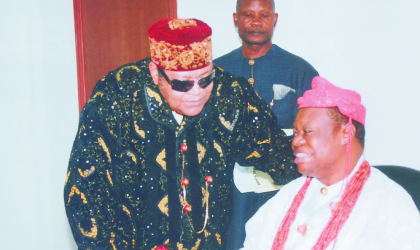aug210902 Sir Dr Chukwumela Nnam Obi II Eze Ogba of Ogbaland and Chairman, Rivers State Council of Traditional Rulers (right) listens to Amayanabo of Opobo, King Dandeson Jaja at the office of the Speaker, during a courtesy visit to the Speaker of the State Assembly by members of the council of traditional rulers, recently. Photo Chris Monyanaga