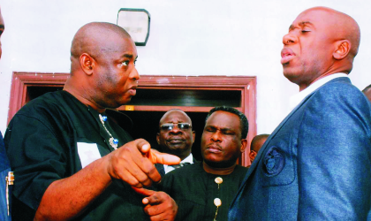 Rivers State Governor, Rt Hon Chibuike Amaechi (right) listening to Hon Gregory Pie-Noah, former member of the Rivers State House of Assembly (left) and Senator Wilson Ake (middle), at the State House of Assembly during the mock session in honour of late Senator Ibiapuye Martyns -Yellowe, last Saturday. Photo: Chris Monyanaga