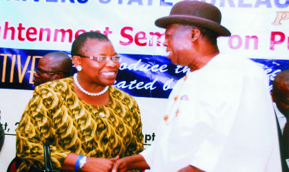 Chairman of the  occasion, Justice Karibi-Whtye Rtd (right), exchanging pleasantries with the Vice President World Bank,  Africa Zone, Dr Oby Ezekwesili, during the enlightenment seminar on Public Procurement, at Hotel Presidential, Port Harcourt, Rivers State, last Monday. Photo: Chris Monyanaga