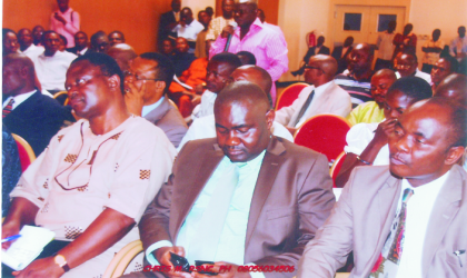 Dr Godwin Mpi, Permanent Secretary, Ministry of Information (right), Hon Magnus Abe, Secretary to State Government, (centre) Mr Eddie Williams, during the governor’s  press conference with journalists at Government House, Wednesday.                                                                                                                   Photo: Chris Monyanaga