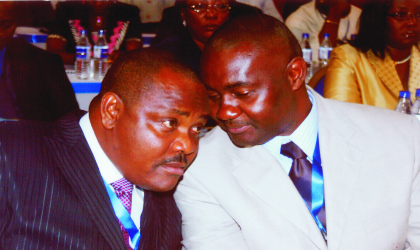 Secretary to Rivers State Government (SSG) Hon Magnus Abe (right0 in a chat with the Chief of Staff, Government House, Port Harcourt, Chief Nyesom Wike at the 5-day retreat for top Rivers State Government functionaries at the Tinapa Resort, Calabar, Cross River, recently.