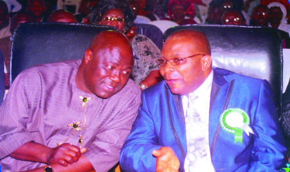 PIC 3; Speaker, Rivers State House of Assembly, Rt Hon Tonye Harry (left) chatting with Hon Justice Peter Agumagu, President Customary Court of Appel, during the inter-denominational church service, marking the 49th Independence anniversary at St Paul’s Cathedral, Diobu, Port Harcourt, yesterday. Photo: Egberi Sampson