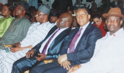 Cross section of dignitaries at the Accountability Forum held by Rivers State Governor, Rt Hon Chibuike Amaechi at the Alfred Diete Spiff Civic Centre, last Monday. From( R-L) Deputy Governor, Engr Tele Ikuru, Minister of State for Petroleum, Mr Odein Ajumogobia (SAN), Speaker, State House of Assembly, Rt Hon Tonye Harry, National Secretary, Peoples Democratic Party (PDP)  and Prince Uche Secondus, National Organising Secretary, representing the executive of the party at the event.