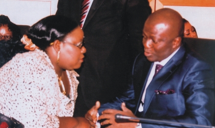 Dr Dawari (right) and Mrs Ibim Seminetari,  two of the six new commissioner sworn-in yesterday by Rivers State Governor, Rt Hon Chibuike Rotimi Amaechi, exchanging views after the ceremony. Photo: Chris Monayanaga