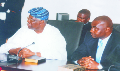 Peoples Democratic Party (PDP) chieftain in the South-West, Chief Bode George (left) and Secretary to Rivers State Government, SSG, Hon Magnus Abe during the swearing in ceremony of six new commissioners by Governor Chibuike Rotimi Amaechi at Government House, Port Harcourt, recently.