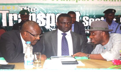 Rivers State Governor, Rt Hon Chibuike Rotimi Amaechi (right) listening to the chairman of TSI Property and Investment Holding Limited, Gen Anthony Ukpo (rtd) while the state Commissioner for Transport, Hon George Tolofari (middle) watches, during the 2nd Rivers State Summit at Hotel Presidential, Port Harcourt, yesterday. Photo: Donatus Ken