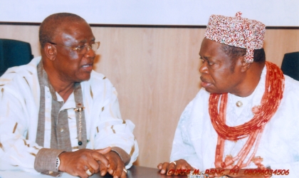 Chairman, Rivers State Council of Traditional Rulers , Eze Chukwumela Nnam Obi II, Oba of Ogbaland,(right) listens to Ambassador Umejuru, during a stakeholders meeting at Government House, Port Harcourt, recently.