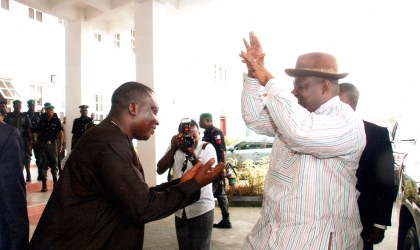 Rivers State Deputy Governor, Engr Tele Ikuru (right) sharing a joke with Deputy Speaker, Rivers State House of Assembly, Hon Dumnamene Dekor during the visit of Governor Amaechi to the House as part of activities marking his second anniversary in office, Thursday. Photo: Chris Monyanaga