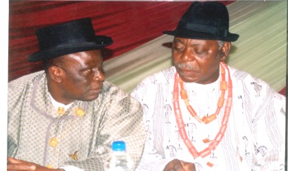 Amayanabo of Twon Brass and first Military Governor of old Rivers State, King Alfred Diete Spiff (right) conferring with the Vice Chairman of Bayelsa State Council of Traditional Rulers, King Jonathan Kubor at the South-South traditional leaders retreat held at the Hotel Presidential, Port Harcourt, yesterday. Photo: King Osila