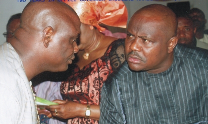 Chief of Staff, Government House, Port Harcourt, Chief Nyesom Wike (right) in a chat with Hon Marcus Nle Eji, Commissioner for Culture and Tourism, during the thanksgiving service to mark the 2nd anniversary of Governor Amaechi at the Corpus Christi Cathedral last Sunday. Photo: Chris Monayanga