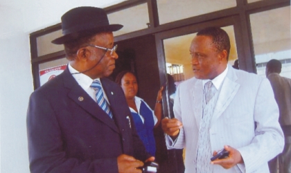 Senator (Chief) Tari Sekibo (left) discussing with Chief Jasper Jumbo at the Port Hatcourt International Airport, Omagwa, recently.