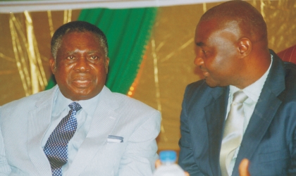 Representative of the Rivers State Governor, Hon Magnus Abe (right) conferring with the chairman of the occasion, retired Hon Justice Karibi Whtye at the 3rd Bi-Annual National Conference of State Governors’ Special Advisers at Hotel Presidential, Port Harcourt, yesterday. Photo: Nwiveh Donatus Ken