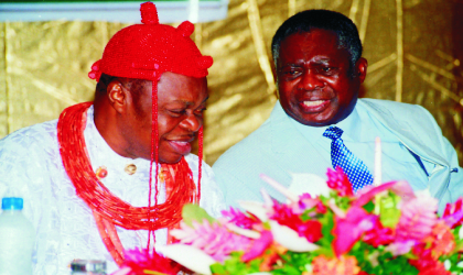 Chairman of Rivers State Council of Traditional Rulers, His Eminence, Sir (Dr) Chukumela Nnam Obi II, exchanging views with Justice A. G. Karibi Whyte at the 3rd Bi-Annual National Conference of Special Advisers of State Governors, at the Hotel Presidential, Port Harcourt, last Wednesday.  Photo: Nwiueh Donatus Ken