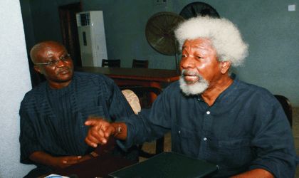 Prof. Wole Soyinka (right) briefing the press weekend in Lagos,on the state of the Nigerian Nation, with him is Mr. Tony Uranta. Photo: Idowu Ogunleye.