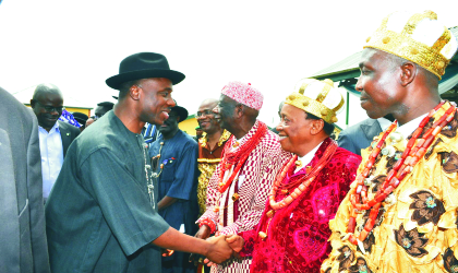 Rivers State Governor, Rt. Hon. Chibuike Rotimi Amaechi (left) being welcomed to Ogoniland by the Oneh-Eh-Eleme, HRM, Samuel Oluka Ejire, last Friday.