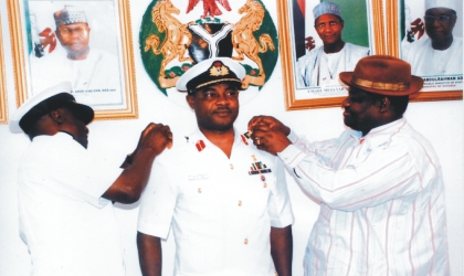 Rivers State Deputy Governor, Engr Tele Ikuru (right), assisted by Rear Admiral BA Raji, decorating Navy Captain Emmanuel Ofit, with his new rank of Navy Commodore, at the Naval Headquarters, Abuja, recently.