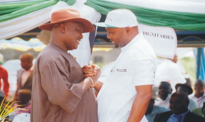 Rivers State Commissioner for Commerce and Industry, Hon. Ogbonna Nwuke (left) in a handshake with his counterpart for Agriculture, Hon. Emmanuel Chindah, during the official launch of FADAMA III project at ADP Demonstration farm, Rumuodomaya, Obio/Akpor LGA, yesterday. Photo: Nwiue Donatus Ken.