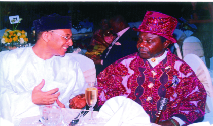 Director, Lagos Business School, Prof. Pat Utomi (left) and the Amayanabo of Kalabari, Prof. T. J. T. Princewill exchanging views during the ION Film Festival held at the Polo Club, Port Harcourt, recently. Photo: King Osila.