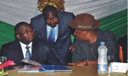 Rivers State Governor, Rt. Hon. Chibuike Rotimi Amaechi (right) exchanging ideas with Senator Victor Ndoma-Egba (left) and Secretary to Rivers State Government, Hon. Magnus Abe, during the public hearing on review of the 1999 Constitution for the South-South Zone, at Hotel Presidential, Port Harcourt, last Monday.