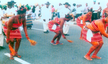 Flashback: Dancers showcasing their talents as part of the main attraction of the CARNIRIV. Today witnesses one of the major events of the seven-day cultural fiesta: the Carnival procession which will take participants through major Aba and Aggrey Roads.