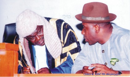  Rivers State Governor, Rt. Hon. Chibuike Rotimi Amaechi (right) conferring with the Speaker, Rivers State House of Assembly, Rt. Hon. Tonye Harry, during the Governor’s presentation of 2010 Budget, at the Assembly Chambers,  yesterday.