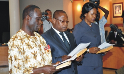 From left: Loveday Imeah, Clifford NduWalter and Mrs Stella Inyie Toby pledging their loyalties to service as new Permanent Secretaries in the Rivers State Civil Service, recently.