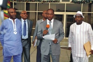 Rivers State Governor, Rt. Hon. Chibuike Amaechi (middle) addresses newsmen after state Executive Council meeting yesterday, while Dr Sampson Parker, Health Commissioner (right) Kingsley Chinda, Environment Commissioner (left) and another exco member, watch.