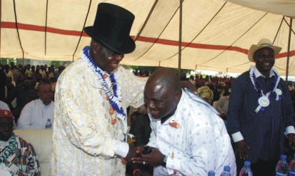 Former Inspector-General of Police, Sir (Dr) Mike Okiro (left) welcoming Speaker, Rivers State House of Assembly, Rt. Hon. Tonye Harry at the reception organised in honour of the IG and Speaker, Imo State House of Assembly, Rt. Hon. Goodluck Opiah, last Wednesday.