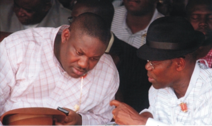 Rivers State Deputy Governor, Engr Tele Ikuru (left) listening to Chief Andrew Uchendu, Chairman of the Occasion, at the 18th Ogoni Day Celebration held at Bori, last Monday.  Photo: Chris Monyanaga