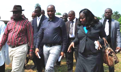 Rt. Hon. Chibuike Amaechi, Governor of Rivers State (centre) flanked by Engr. Tele Ikuru, Deputy Governor (left) and Emilia Nle, Acting Chairman of Andoni Local Government Area  during the Governor's meet the people tour of the LGA, Thursday.