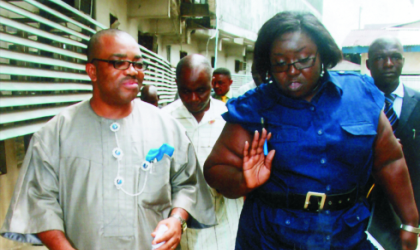 Rivers State Commissioner for Information and Communication, Mrs Ibim Semenitari (right) discussing with the General Manager, Rivers State Newspaper Corporation, during her inspection visit to the corporation, on Friday.  Photo: Chris Monyanaga