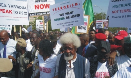 Noble Laureate, Professor Wole Soyinka (middle) leading others to protest the absence of President Umaru Musa Yar’Adua and his inability to handover to Vice President Goodluck Jonathan, yesterday, in Abuja