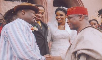 Rivers State Deputy Governor, Engr Tele Ikuru (left) in a handshake with Chief of Defence Staff, Air Chief Marshal Paul Dike (right) while the newly wedded, Mr and Mrs Ikechukwu Obianyor watch, shortly, after their weeding at Our Saviours Church, Tafawa Balewa Square, Lagos, recently