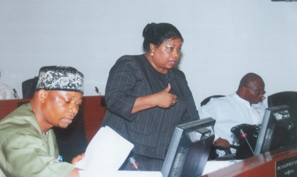 Hon Maureen Tamuno (standing) contributing to the Rivers State Multi-Door Bill 2010 on the floor of the House last Tuesday, by her right is Hon Tamunosisi Gogo Jaja.  Photo: Chris Monyanaga