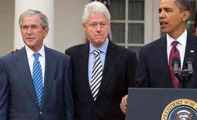 From left: former US Presidents George W. Bush and Bill Clinton, stand as US President, Barack Obama speaks at the White House in Washington about relief efforts to victims of the earthquake in Haiti. The trio issued a joint pledge that the US “stands united with the Haitian people.”