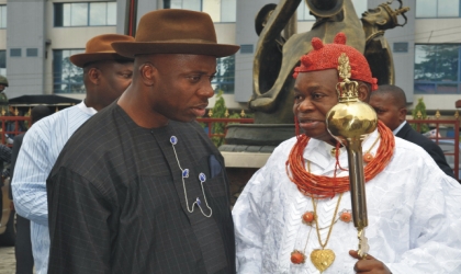 Rivers State Governor, Rt. Hon. Chibuike Rotimi Amaechi (left) conferring with His Eminence, Eze Chukumela Nnam Obi II, Oba of Ogbaland, former chairman, Rivers State council of Traditional Rulers at the 78th Quarterly meeting of the council held on Thursday.