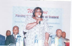 Back Page Rivers State Commissioner of Information and Communications, Mrs Ibim Semenitari addressing the audience at the passing-out ceremony of information officers trained on ICT by the state Ministry of Information, yesterday. Photo: Chris Monyanaga