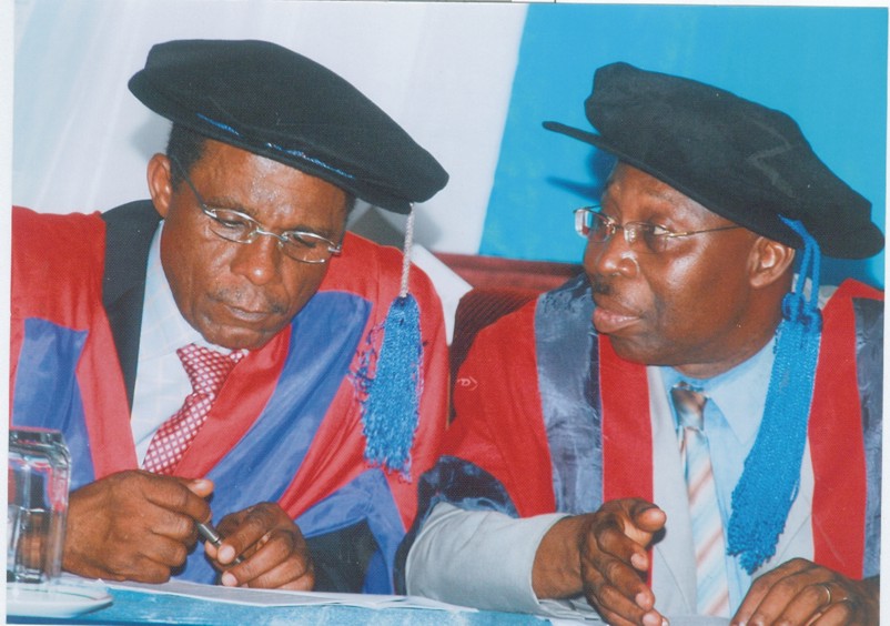 Prof Bernard Efiuwevwere, Deputy Vice Chancellor (Academics), University of Port Harcourt (right) conferring with Mr Messiah Onyige, Registrar of the university, during the inaugural lecture presented by  a lecturer, Prof Enoch Okechukwu Nwachukwu at Ebitimi Banigo Hall, last week.