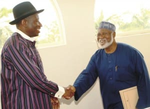 Acting President, Goodluck Jonathan (left) with former Head of State, Gen.Abdusalami Abubakar, after briefing the Acting President on the situation in Niger Republic in Abuja, on Saturday.