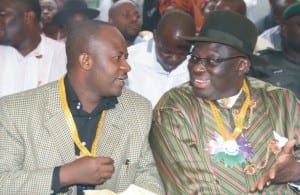 Monday 1 Chairman of the occasion and chairman Greater Port Harcourt Authority, Chief Fred Alabraba (right) conferring with Rivers State Commissioner for Local Government and Chieftaincy Affairs, Hon Tammy Danagogo during the commissioning of the new Iju-Jack Memorial Hall, built by Hon Onari Brown of the Rivers State House of Assembly, at Abonnema, last Saturday.