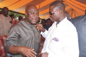 Speaker, Rivers State House of Assembly, Rt Hon Tonye Harry (left) conferring with former Managing Director, Niger Delta Development Commission (NDDC), Chief Timi Alaibe, at Erema, ONELGA, to mark Chief Godpower Ake’s 70th birthday celebration, yesterday