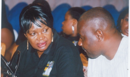19031003 Secretary to Rivers State Government, Hon Magnus Abe (right) conferring with the Head of Service, Rivers State, Mrs Esther Anucha, during the service of songs in honour of late Hon Moses Ahubele, the state Commissioner for Employment Generation and Empowerement at Civic Centre, Port Harcourt, Wednesday. Photo: Chris Monyanaga
