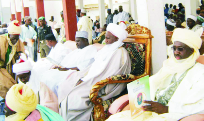 28031002 From right: Adamawa State Commissioner for Lands and Survey the "talba" of Mubi, Alhaji Abdulrahman Shuaibu, Emir of Mubi, Alhaji Abubakar Isa, Secretary to the State Government, Mr Kobis Ari and others at the turbaninig of Dan Malikin Mubi in Adamawa, yesterday.