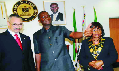 President, Clark Atlanta University, Atlanta, U.S.A,Dr Carlton Brown;  (Left), Gov Babatunde Fashola of Lagos; and Deputy Governor, Princess Adebisi Sosan, during a visit to the Governor In Lagos, recently Photo Nan